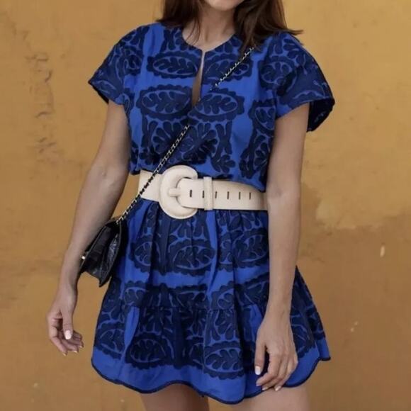 Zara Embroidered Fit & Flare Mini Dress Blue Size Small - Picture 1 of 10